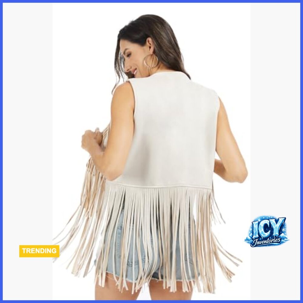 Faux Suede Fringe Vest Western Cowgirl Tassel Top - Picture 5 of 6